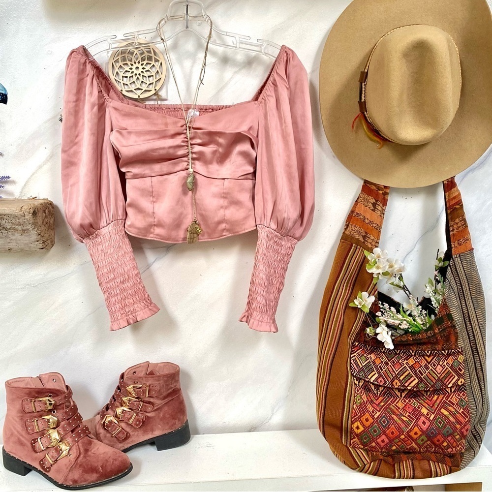 Exaggerated puff sleeves satin boho blouse w shabby chic vacay vibe